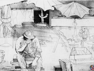 Tramonto al Mercato di Piazza Dante  (Sunset in the Little Market of Piazza Dante ) - cm. 50x70, Incisione (Engraving)